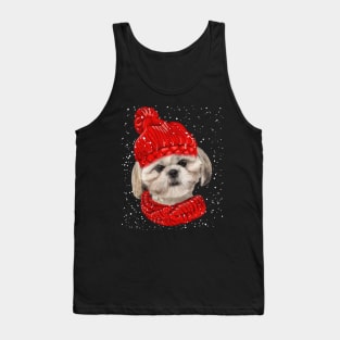 Shih Tzu Wearing Red Hat And Scarf In Snow Christmas Tank Top